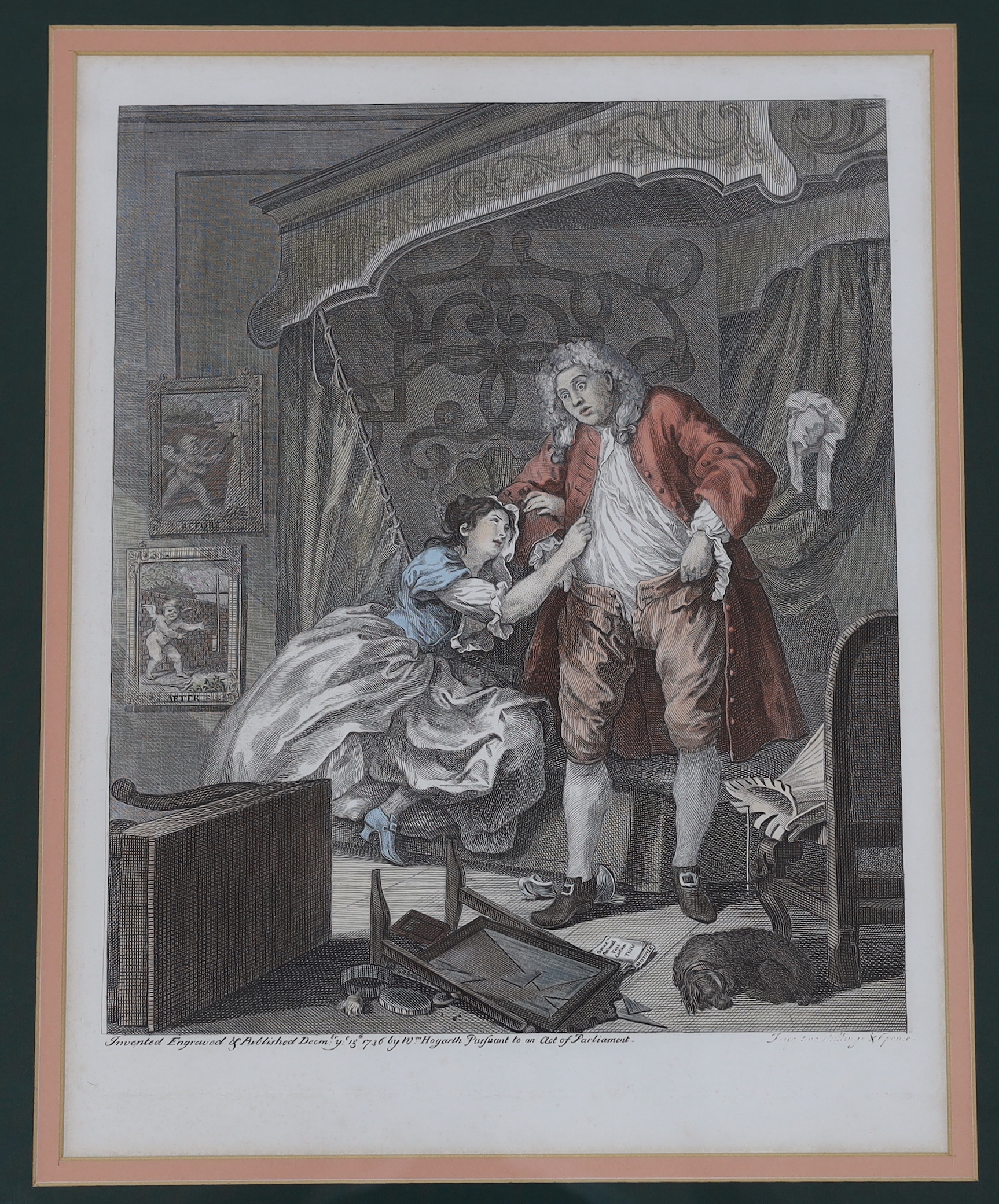 After William Hogarth (1697-1764) pair of satirical handcoloured engravings, 'Before' and 'After', each with Harrods label verso, 44 x 34cm